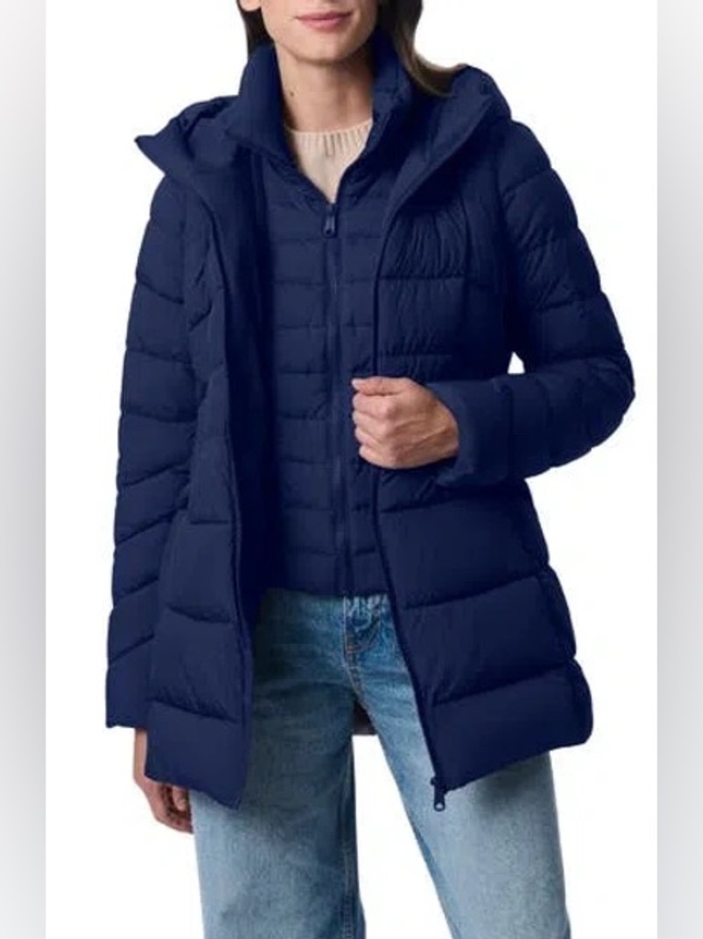 Bernardo Bib Navy Quilted Puffer Jacket with Hood Size XS/TP/XCH